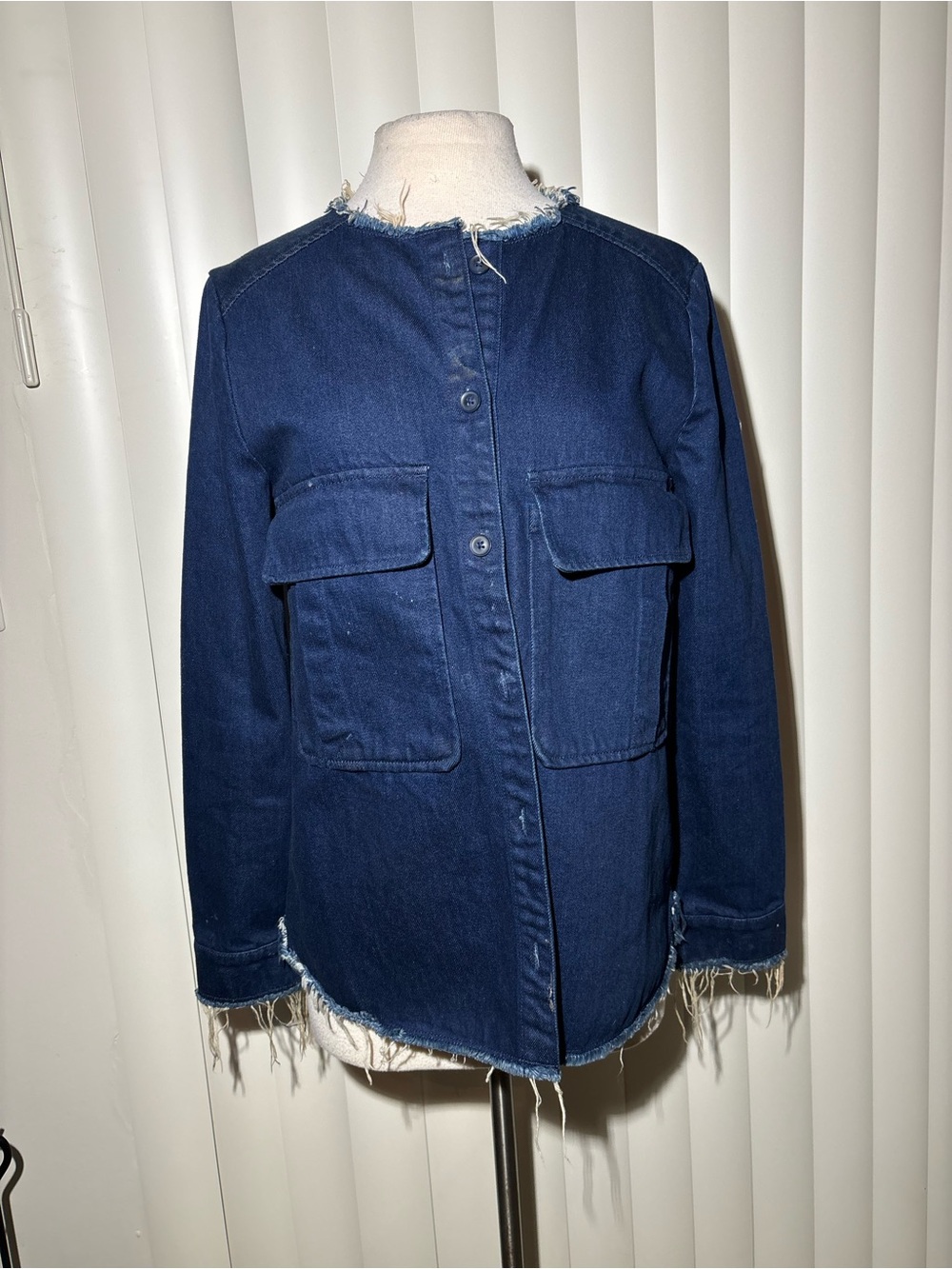 Zara Dark Blue Frayed Hem Denim Jacket